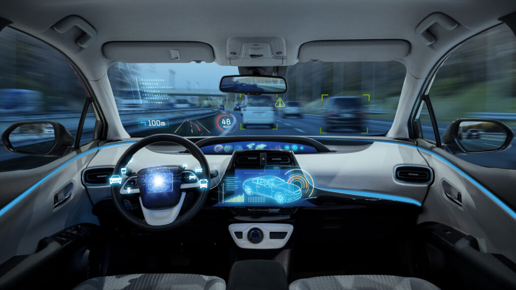 empty cockpit of vehicle, HUD(Head Up Display) and digital speedometer, autonomous car, diriverless vehicle